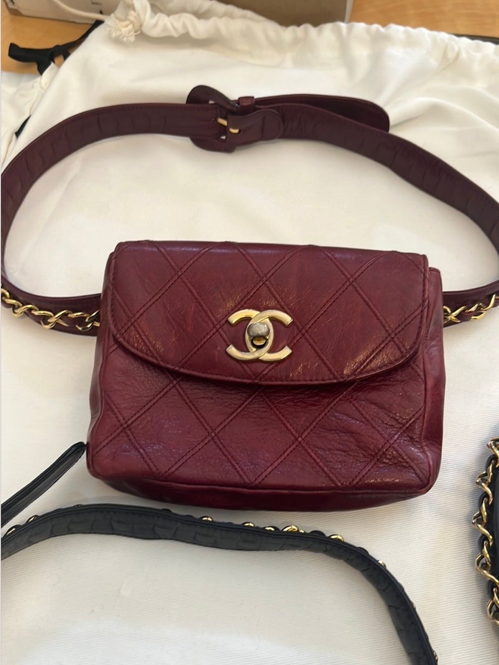 CHANEL Burgundy Quilted Leather Mini Belt Bag with Gold CC